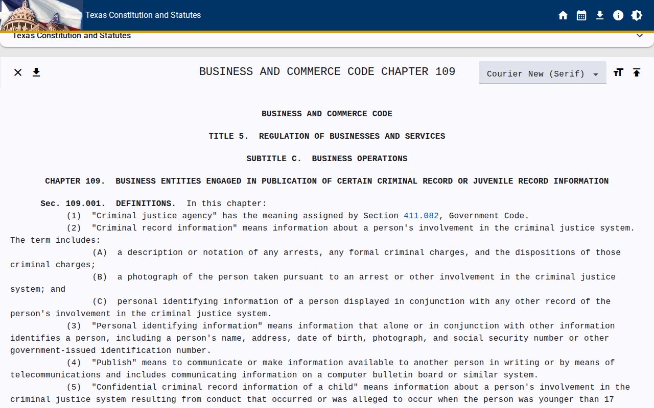 Texas Business and Commerce Code Chapter 109 page for Deaf Smith County mugshot law context
