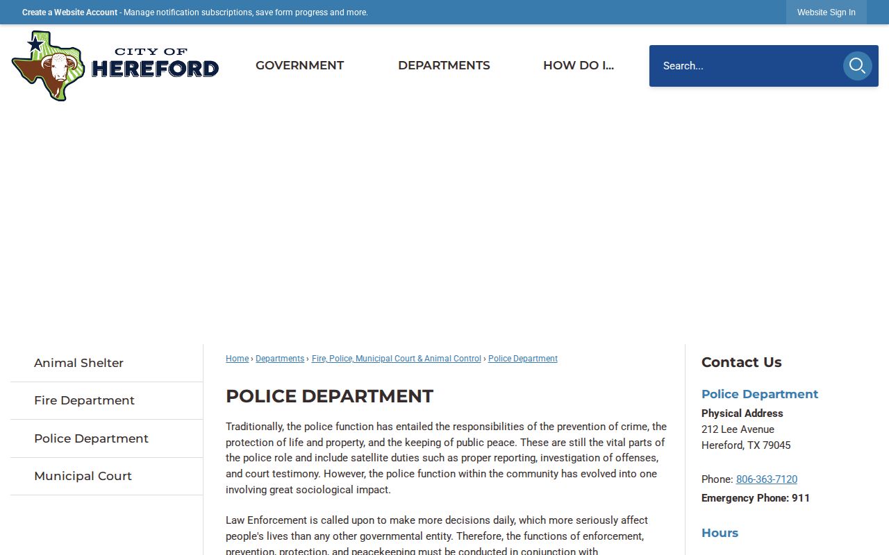 Hereford Police Department official page for city arrest-record contacts